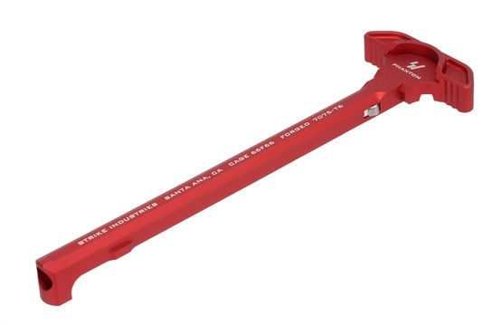 The Strike Industries Latchless Charging Handle for AR-15 is machined from 7075 aluminum with red anodized finish